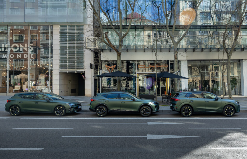 drei-olive-gruene-cupras-stehen-hintereinander